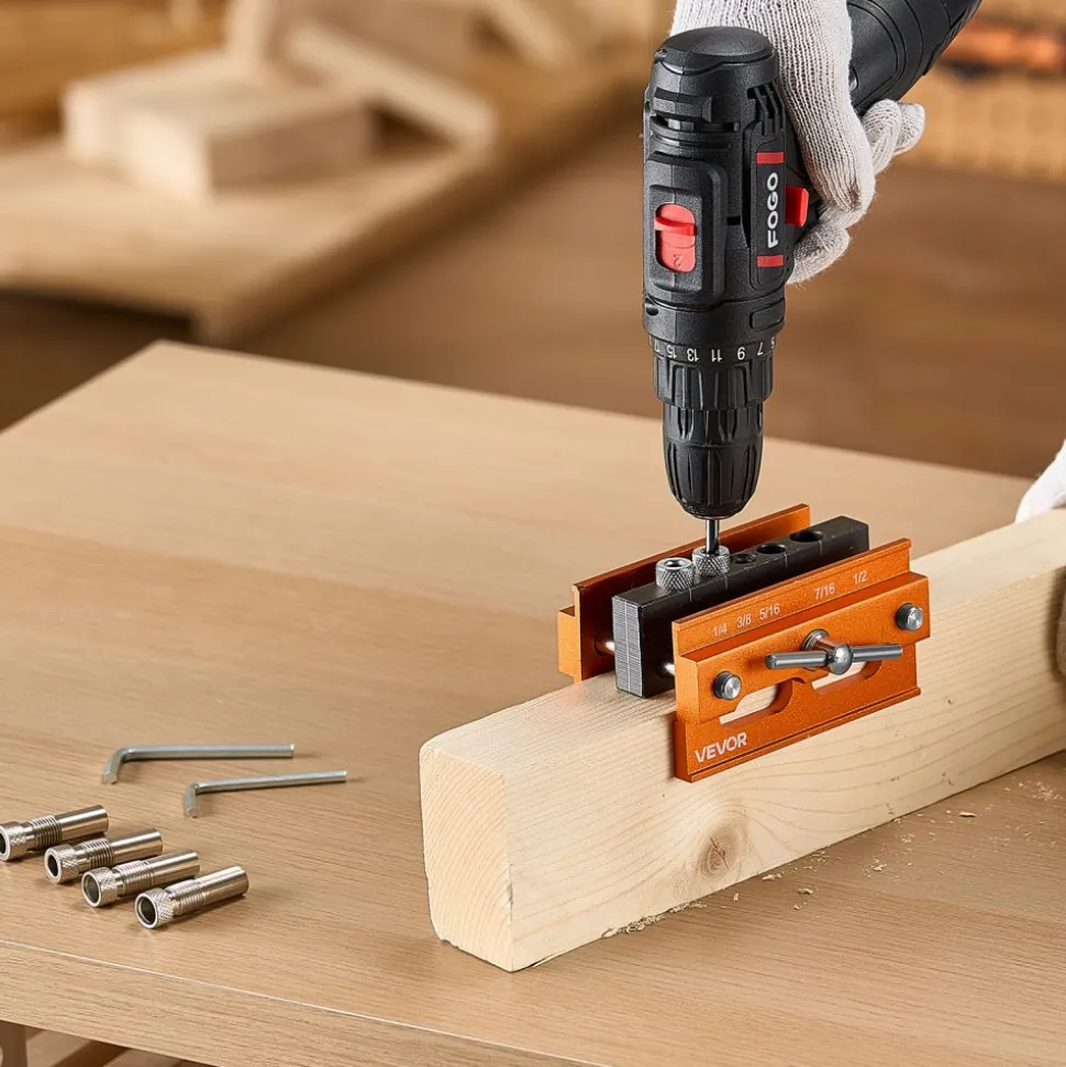 VEVOR Doweling Jig Kit, Self Centering Dowel Drill Jig for Straight Holes, Aluminum Alloy Woodworking Tools with 6 Drill Guide Bushings, Adjustable Width, for Wood Working, Drilling and Marking