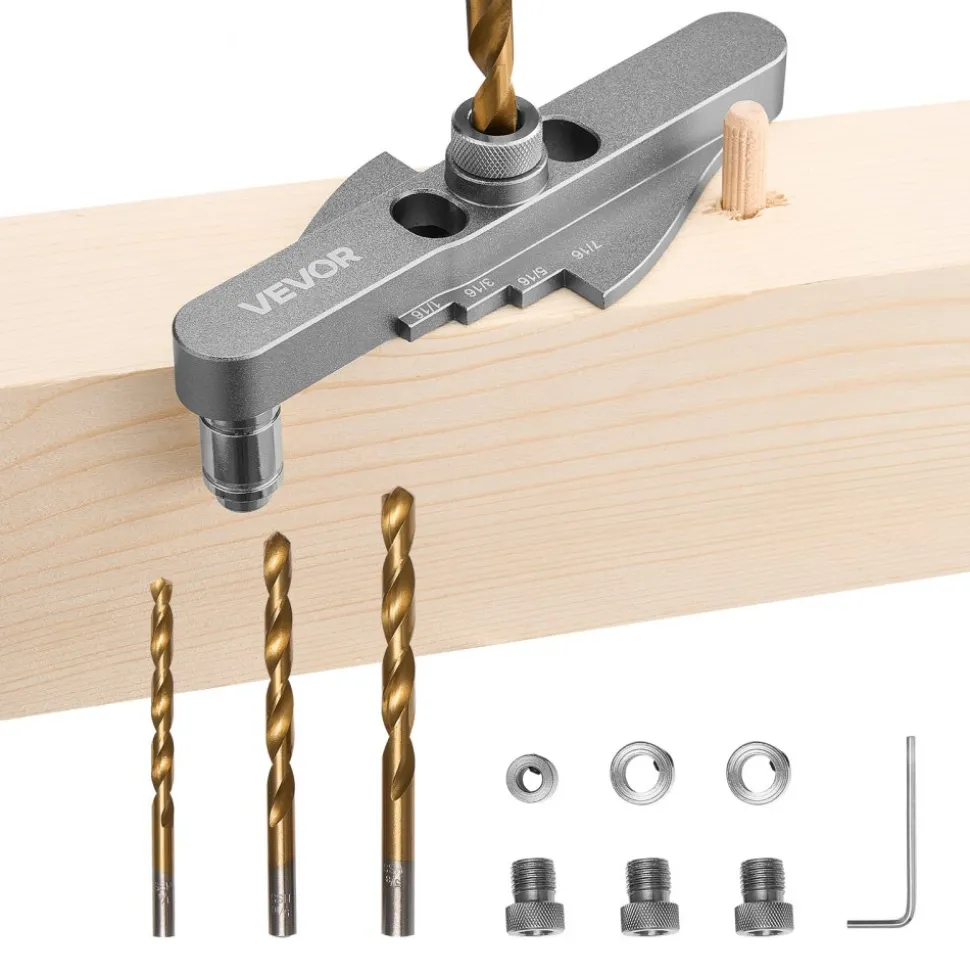 VEVOR Doweling Jig Kit, Self Centering Dowel Drill Jig for Straight Holes, with Drill Bit Set 1/4", 5/16", 3/8" and Drill Bit Stop Collar Set, Aluminum Alloy Woodworking Tools for Drilling, Marking
