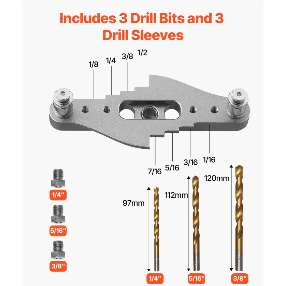 VEVOR Doweling Jig Kit, Self Centering Dowel Drill Jig for Straight Holes, with Drill Bit Set 1/4", 5/16", 3/8" and Drill Bit Stop Collar Set, Aluminum Alloy Woodworking Tools for Drilling, Marking