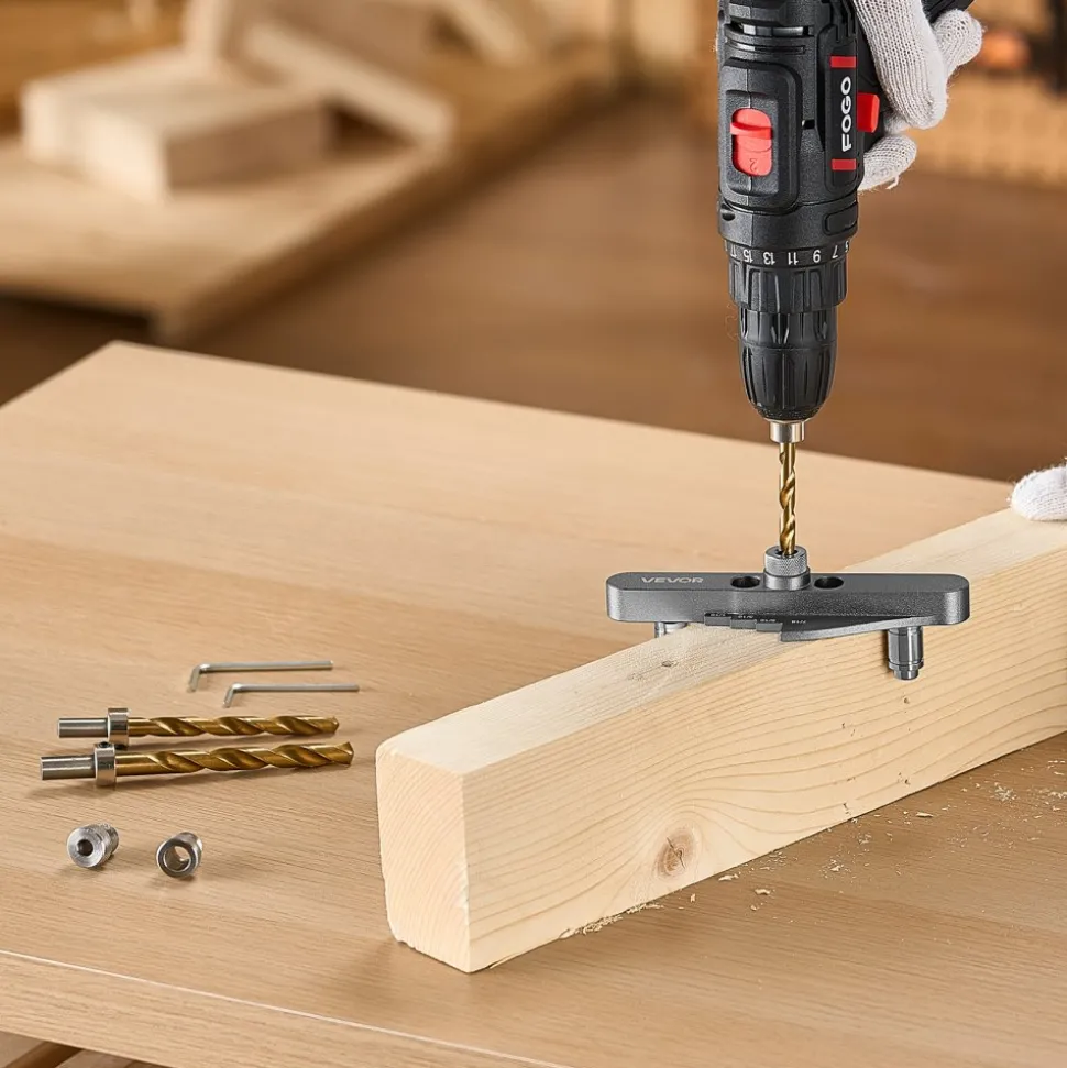 VEVOR Doweling Jig Kit, Self Centering Dowel Drill Jig for Straight Holes, with Drill Bit Set 1/4", 5/16", 3/8" and Drill Bit Stop Collar Set, Aluminum Alloy Woodworking Tools for Drilling, Marking