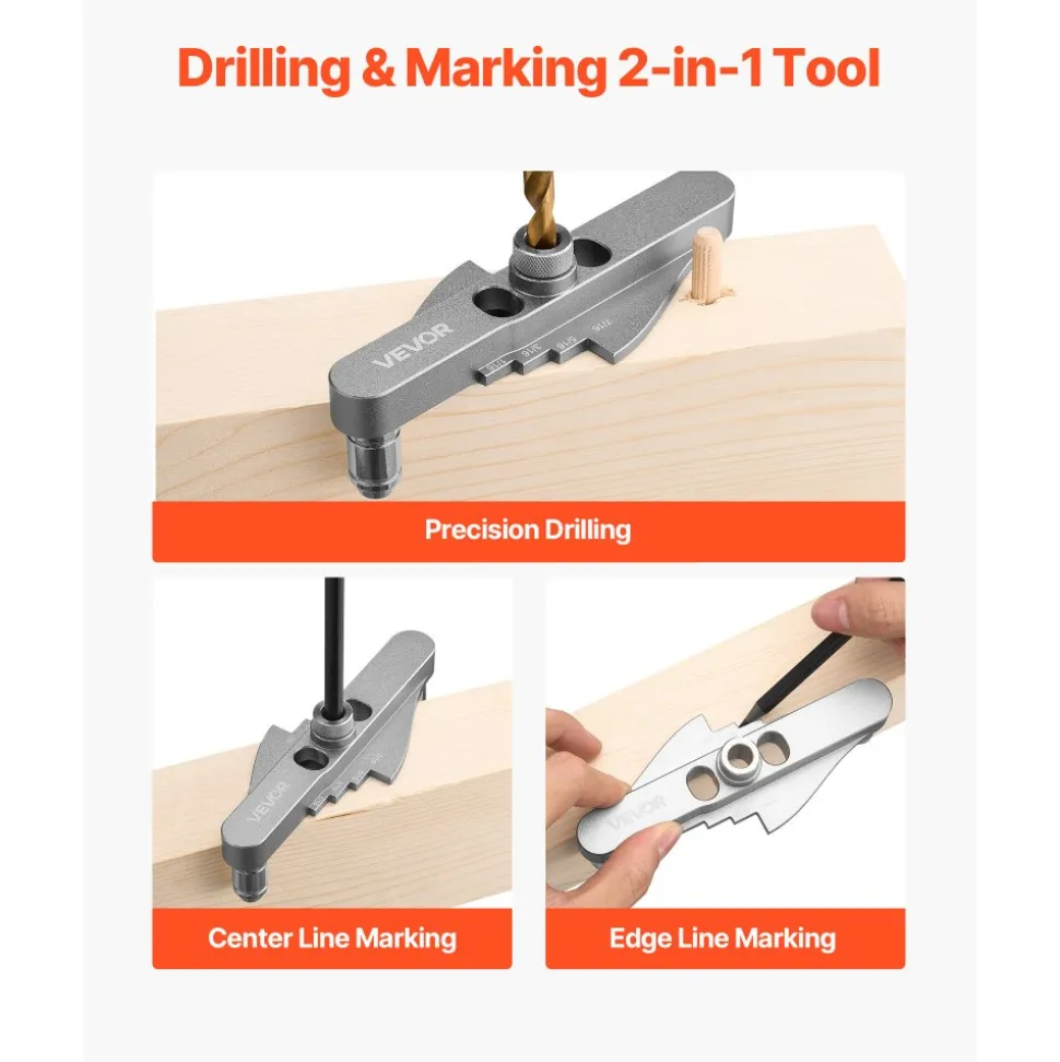 VEVOR Doweling Jig Kit, Self Centering Dowel Drill Jig for Straight Holes, with Drill Bit Set 1/4", 5/16", 3/8" and Drill Bit Stop Collar Set, Aluminum Alloy Woodworking Tools for Drilling, Marking