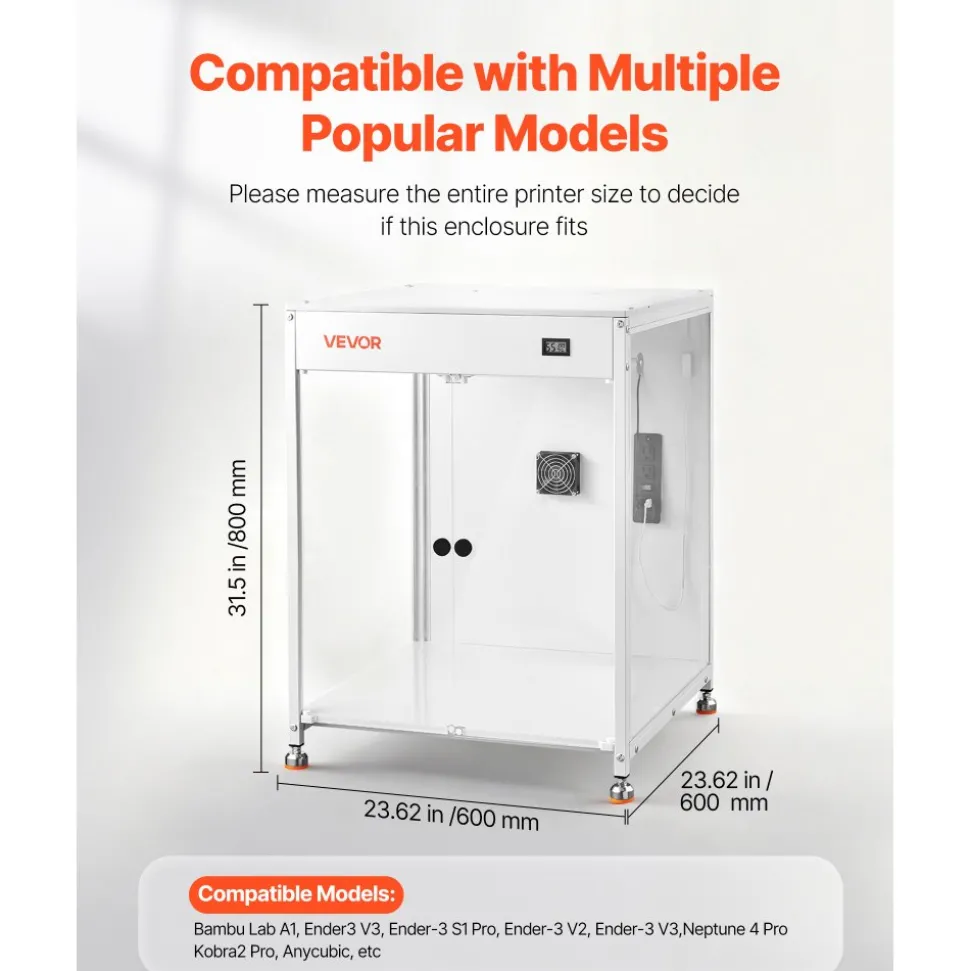 VEVOR 3D Printer Enclosure with Ventilation, Dustproof Waterproof Transparent Acrylic 3D Printer Tent, Constant Temperature Protective Case with LED, Compatible with Bambu Lab, Ender, Neptune, Kobra