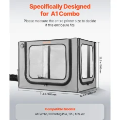 VEVOR 3D Printer Enclosure with Ventilation, Dustproof Waterproof Large Size 600D Oxford Cloth 3D Printer Tent, Constant Temperature Protective Case with LED, Designed for Bambu Lab A1 Combo, Grey