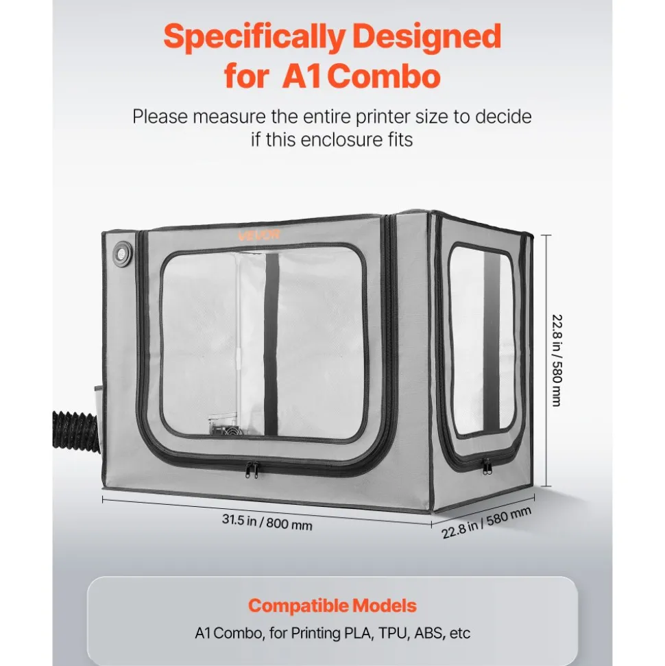 VEVOR 3D Printer Enclosure with Ventilation, Dustproof Waterproof Large Size 600D Oxford Cloth 3D Printer Tent, Constant Temperature Protective Case with LED, Designed for Bambu Lab A1 Combo, Grey