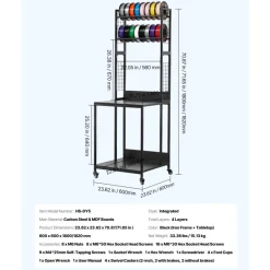 VEVOR 3D Printer Filament Storage Rack, 4-Tier 3D Printer Stand with Filament Storage, Spools Holder Racks Cart with Wheels, Filaments Organzied for 3D Printing Station, Office, Workshop (Shelf Only)