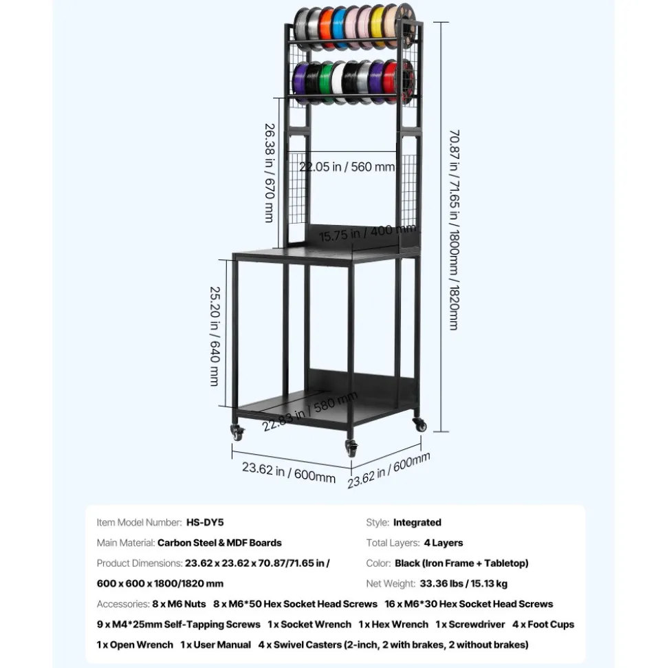 VEVOR 3D Printer Filament Storage Rack, 4-Tier 3D Printer Stand with Filament Storage, Spools Holder Racks Cart with Wheels, Filaments Organzied for 3D Printing Station, Office, Workshop (Shelf Only)
