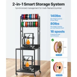 VEVOR 3D Printer Filament Storage Rack, 4-Tier 3D Printer Stand with Filament Storage, Spools Holder Racks Cart with Wheels, Filaments Organzied for 3D Printing Station, Office, Workshop (Shelf Only)