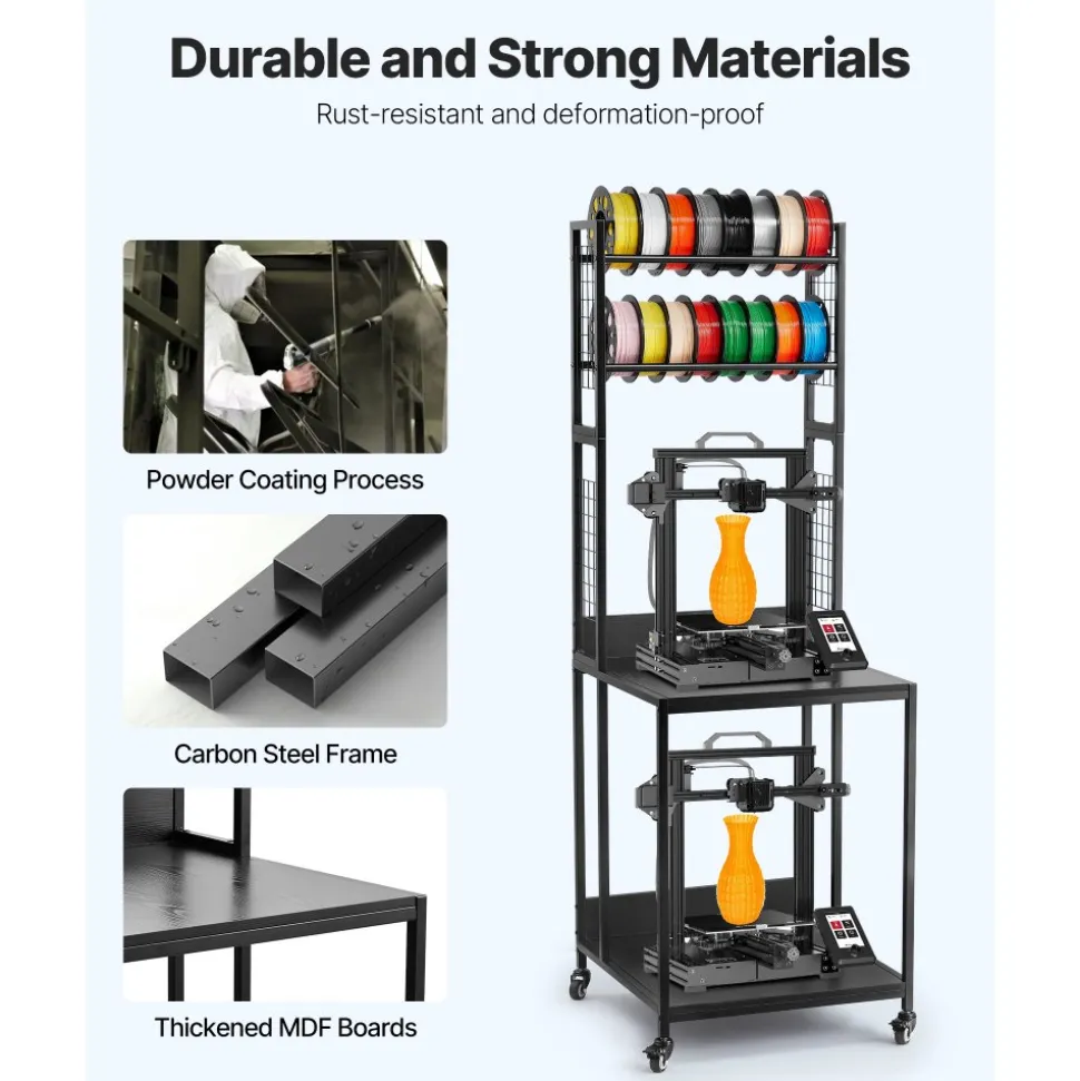 VEVOR 3D Printer Filament Storage Rack, 4-Tier 3D Printer Stand with Filament Storage, Spools Holder Racks Cart with Wheels, Filaments Organzied for 3D Printing Station, Office, Workshop (Shelf Only)