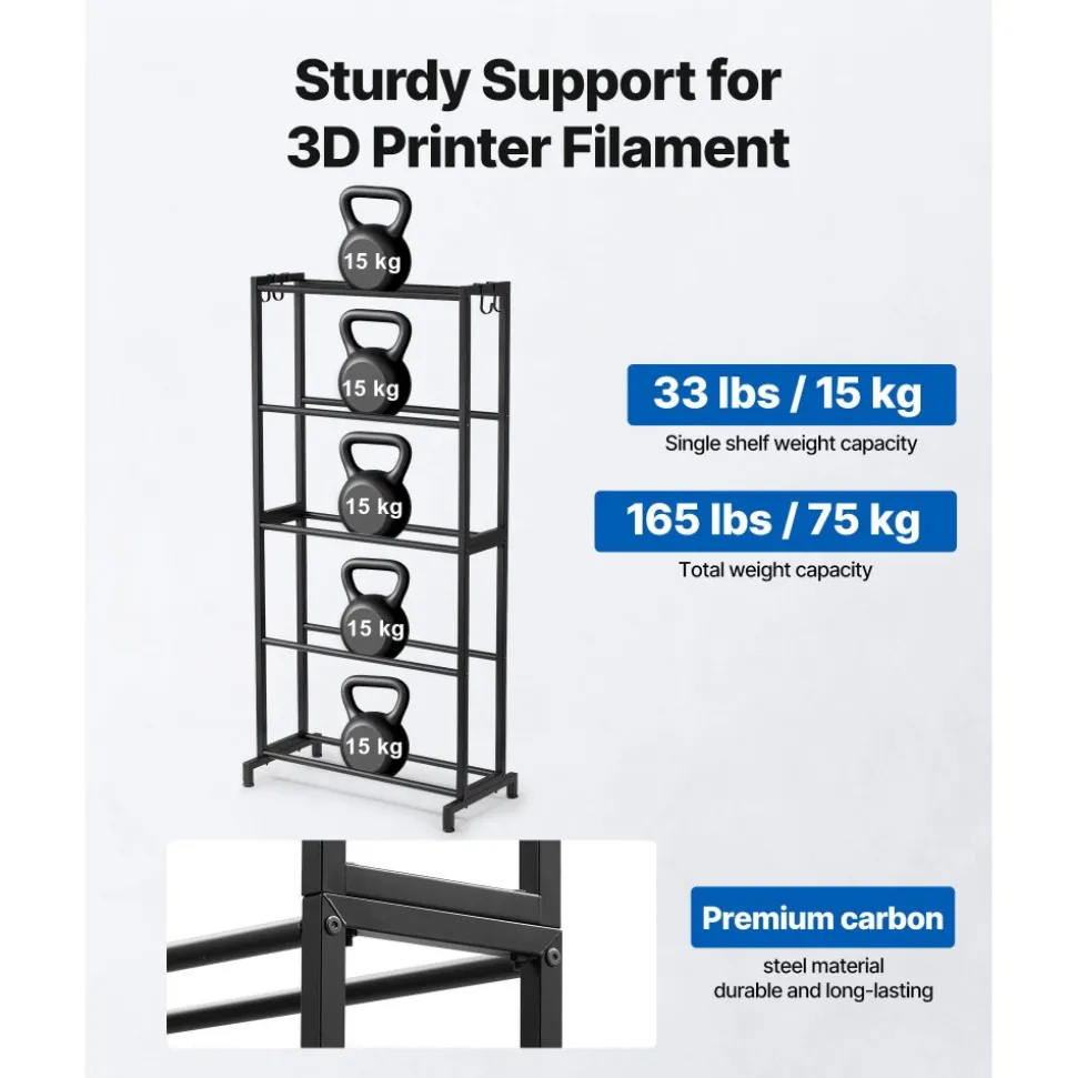 VEVOR 3D Printer Filament Storage Rack, 5 Tier Heavy Duty Storage Shelves for 3D Printing Filaments, Filament Spool Holders Racks for 3D Printing Studio, Home Studio, Office, Workshop (Shelf Only)