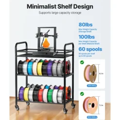 VEVOR 3D Printer Filament Storage Rack, 3 Tier Heavy Duty Storage Shelf, Rolling Filament Spool Holders Racks with Wheels, Filaments Organzied for 3D Printing Station, Office, Workshop (Shelf Only)