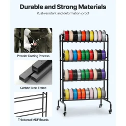 VEVOR 3D Printer Filament Storage Rack, 4 Tier Heavy Duty Storage Shelf, Rolling Filament Spool Holders Racks with Wheels, Filaments Organzied for 3D Printing Station, Office, Workshop (Shelf Only)