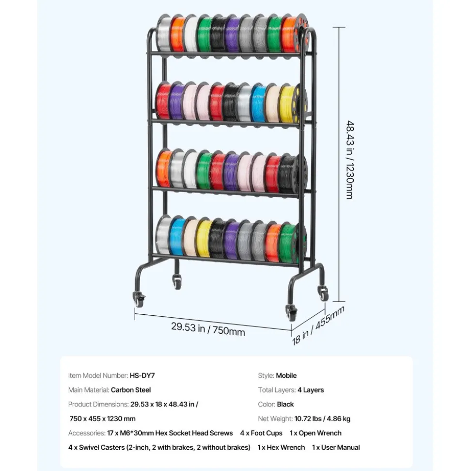 VEVOR 3D Printer Filament Storage Rack, 4 Tier Heavy Duty Storage Shelf, Rolling Filament Spool Holders Racks with Wheels, Filaments Organzied for 3D Printing Station, Office, Workshop (Shelf Only)