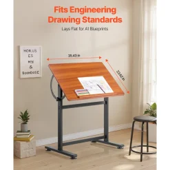 VEVOR Drafting Table, Adjustable 0°–90° Tilt Drawing Desk, Portable Artist Table with Black H-Frame and Brown Desktop, Wooden Painting Desk Craft Workstation for Reading, Writing, Crafting, Meeting