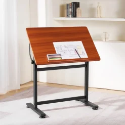 VEVOR Drafting Table, Adjustable 0°–90° Tilt Drawing Desk, Portable Artist Table with Black H-Frame and Brown Desktop, Wooden Painting Desk Craft Workstation for Reading, Writing, Crafting, Meeting