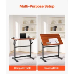 VEVOR Drafting Table, Adjustable 0°–90° Tilt Drawing Desk, Portable Artist Table with Black H-Frame and Brown Desktop, Wooden Painting Desk Craft Workstation for Reading, Writing, Crafting, Meeting