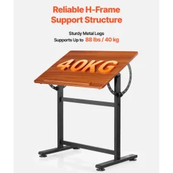VEVOR Drafting Table, Adjustable 0°–90° Tilt Drawing Desk, Portable Artist Table with Black H-Frame and Brown Desktop, Wooden Painting Desk Craft Workstation for Reading, Writing, Crafting, Meeting
