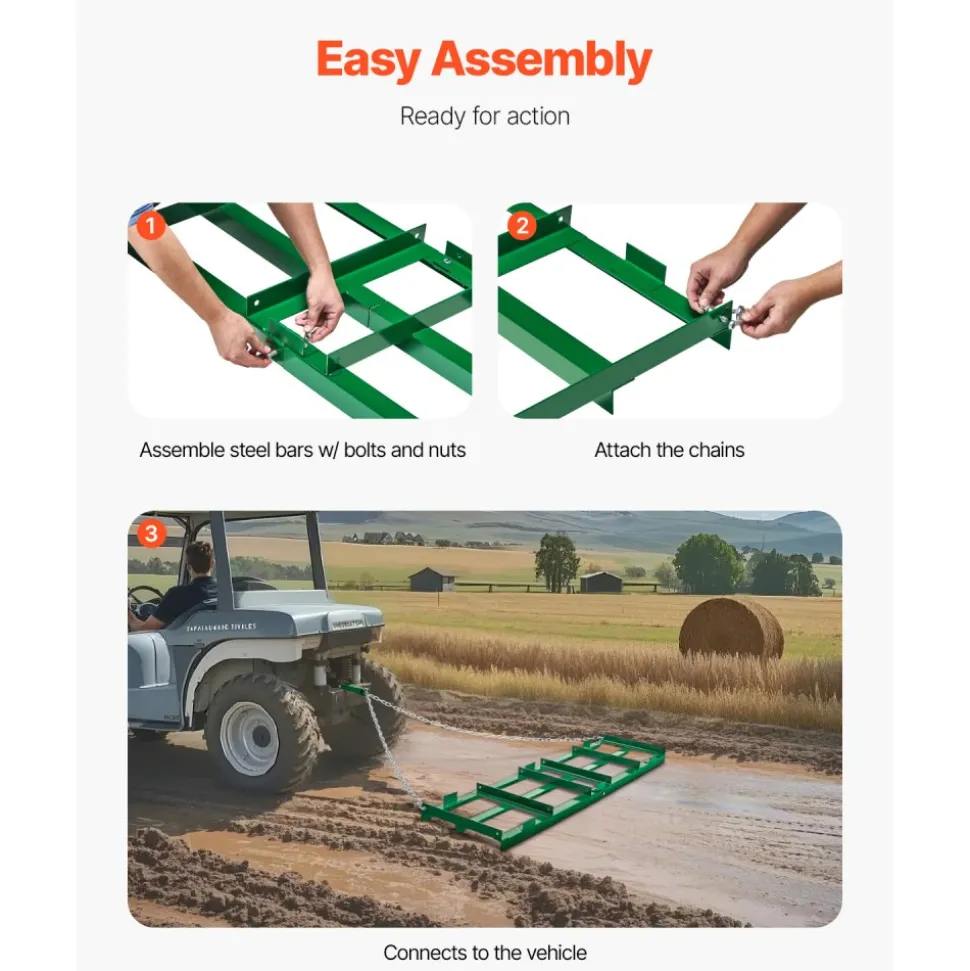 VEVOR Drag Harrow, 6 ft Heavy Duty Tow Behind Drag Harrow with Adjustable Bars & 72 in Chain, Driveway Grader Landscape Rake for ATV, UTV, Tractor, Mower Tow Behind Yard Lawn Leveling Tool