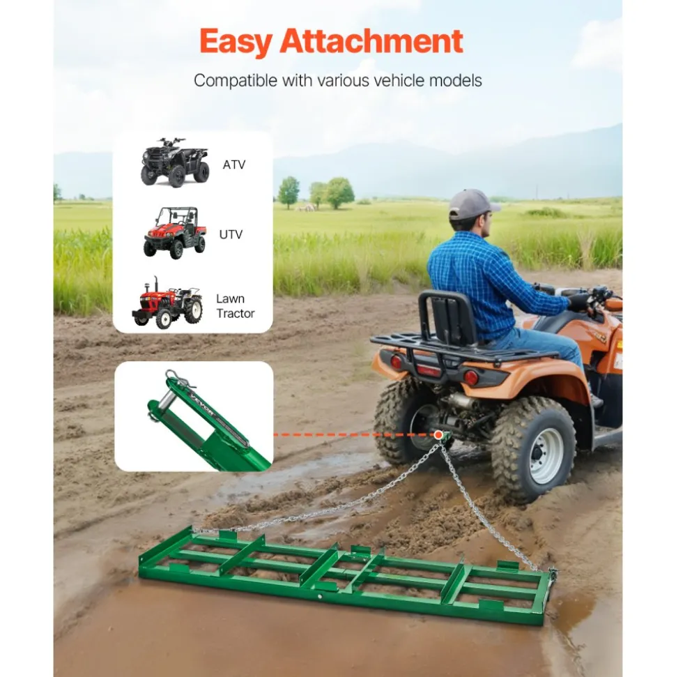 VEVOR Drag Harrow, 6 ft Heavy Duty Tow Behind Drag Harrow with Adjustable Bars & 72 in Chain, Driveway Grader Landscape Rake for ATV, UTV, Tractor, Mower Tow Behind Yard Lawn Leveling Tool