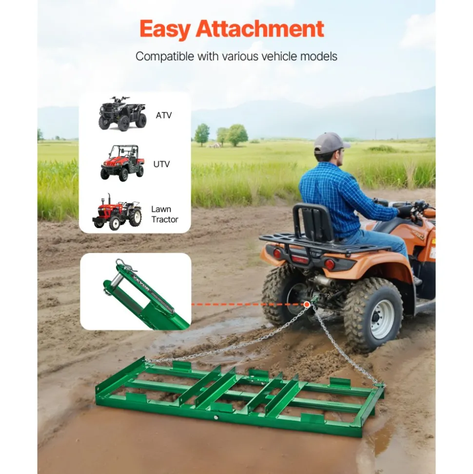 VEVOR Drag Harrow, 4 ft Heavy Duty Tow Behind Drag Harrow with Adjustable Bars & 72 in Chain, Driveway Grader Landscape Rake for ATV, UTV, Tractor, Mower Tow Behind Yard Lawn Leveling Tool