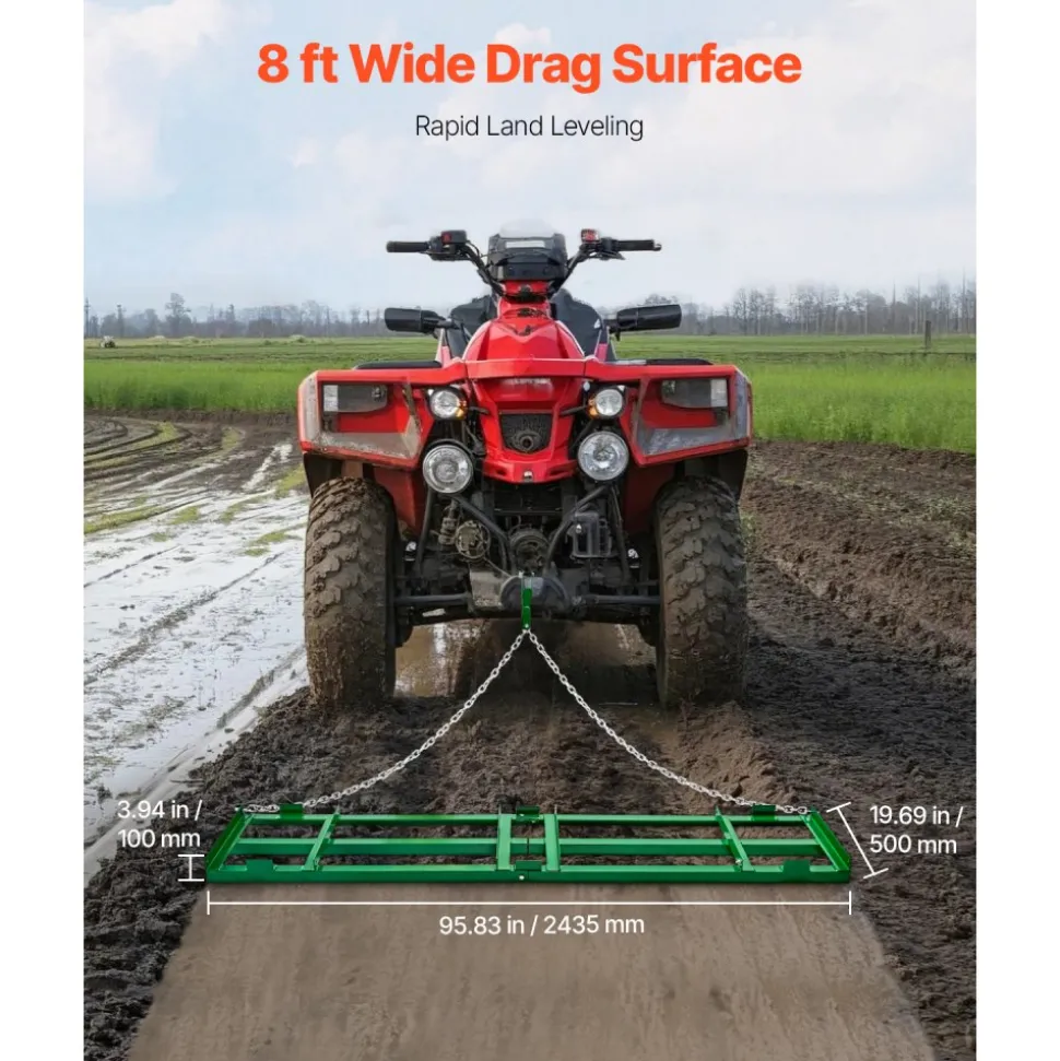 VEVOR Drag Harrow, 8 ft Heavy Duty Tow Behind Drag Harrow with Adjustable Bars & 72 in Chain, Driveway Grader Landscape Rake for ATV, UTV, Tractor, Mower Tow Behind Yard Lawn Leveling Tool