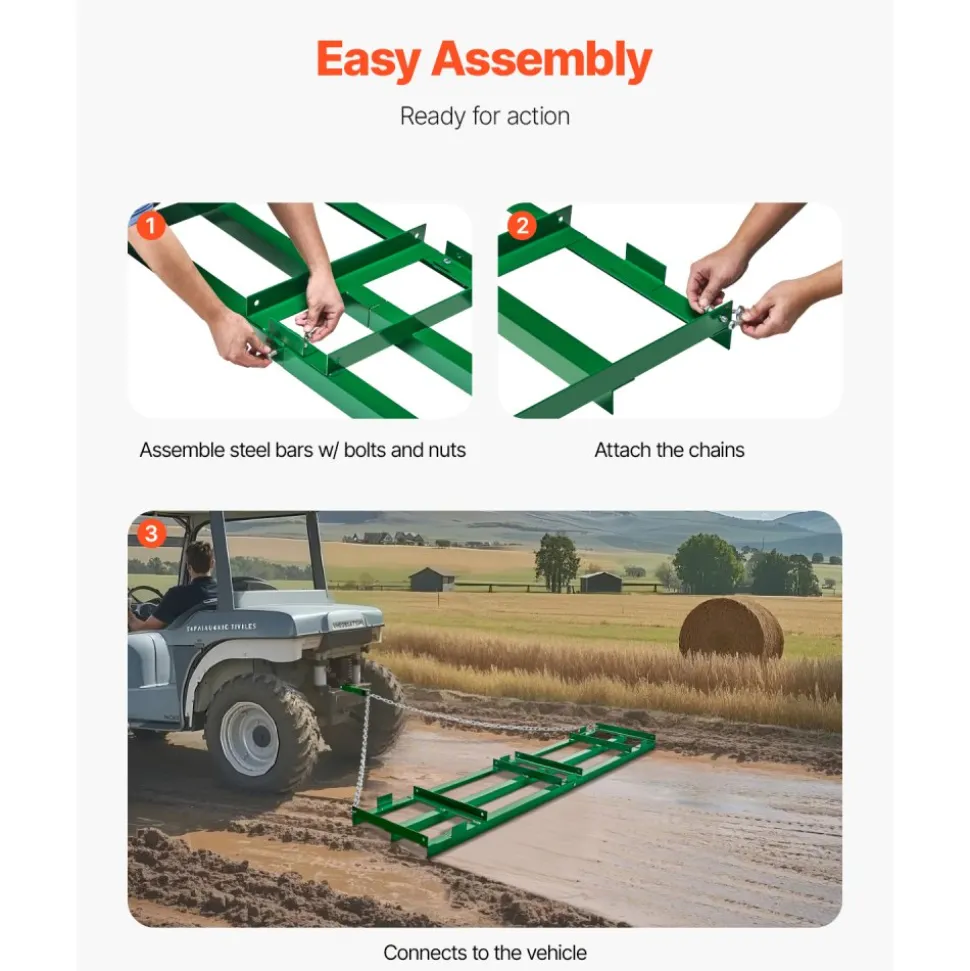 VEVOR Drag Harrow, 8 ft Heavy Duty Tow Behind Drag Harrow with Adjustable Bars & 72 in Chain, Driveway Grader Landscape Rake for ATV, UTV, Tractor, Mower Tow Behind Yard Lawn Leveling Tool