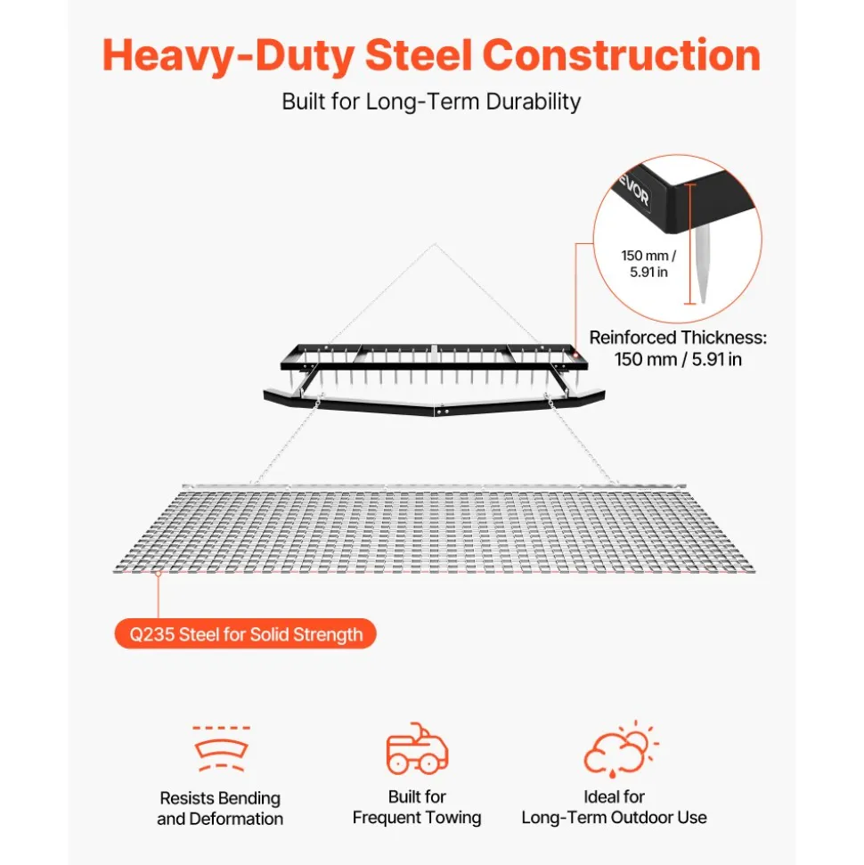 VEVOR Drag Harrow, 6 ft Tow-Behind Driveway Grader with Chain Harrow, Adjustable Width & 80lbs Load Capacity, Heavy Duty Lawn Leveling Rake, Fits ATVs UTVs Tractors, for Gravel Driveway Field