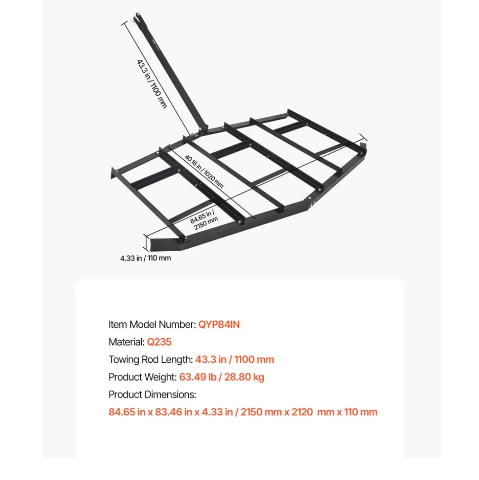 VEVOR Drag Harrow, 84" Width Tow Behind Drag Harrow, Q235 Steel Driveway Grader with Adjustable Bars & Pin Hitch, Support up to 50 lbs, Tractor Driveway Harrow for ATVs, UTVs, Garden Lawn Tractors