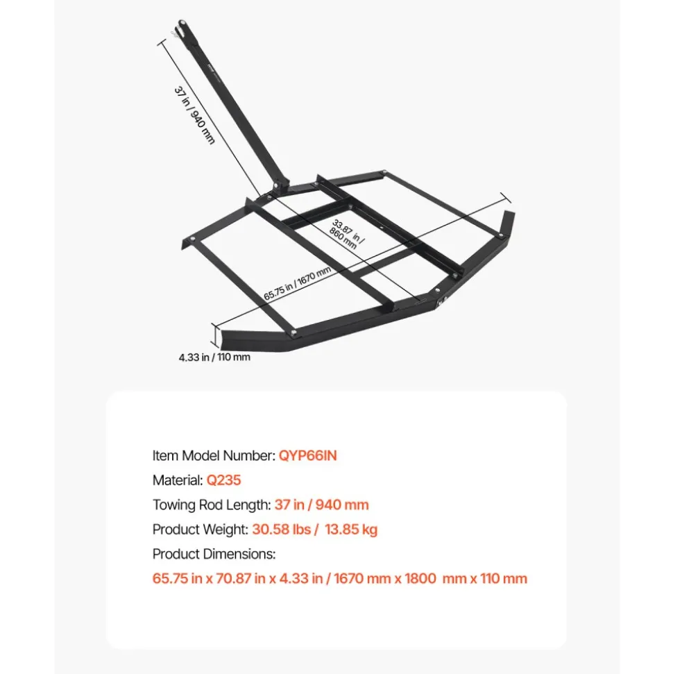 VEVOR Drag Harrow, 66" Width Tow Behind Drag Harrow, Q235 Steel Driveway Grader with Adjustable Bars & Pin Hitch, Support up to 50 lbs, Tractor Driveway Harrow for ATVs, UTVs, Garden Lawn Tractors