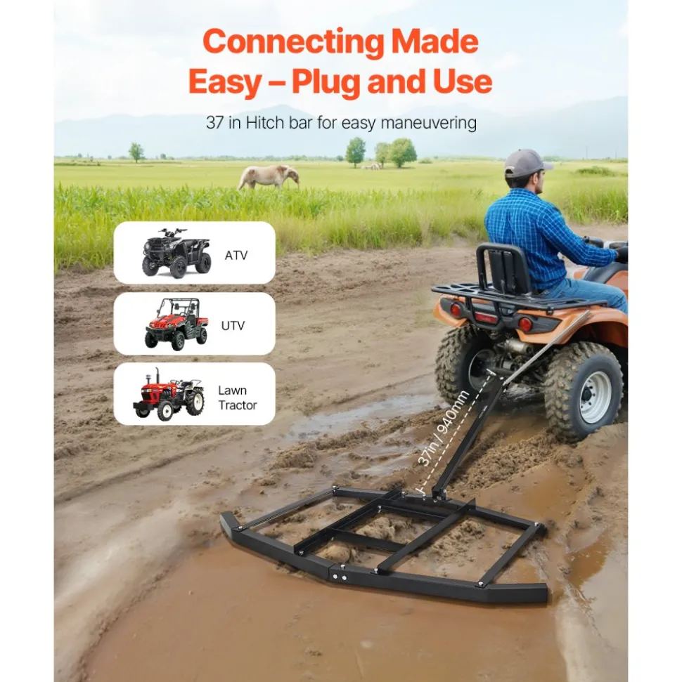 VEVOR Drag Harrow, 66" Width Tow Behind Drag Harrow, Q235 Steel Driveway Grader with Adjustable Bars & Pin Hitch, Support up to 50 lbs, Tractor Driveway Harrow for ATVs, UTVs, Garden Lawn Tractors