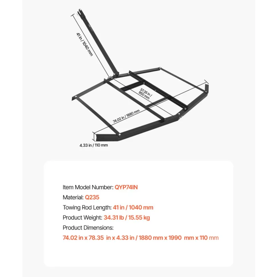 VEVOR Drag Harrow, 74" Width Tow Behind Drag Harrow, Q235 Steel Driveway Grader with Adjustable Bars & Pin Hitch, Support up to 50 lbs, Tractor Driveway Harrow for ATVs, UTVs, Garden Lawn Tractors