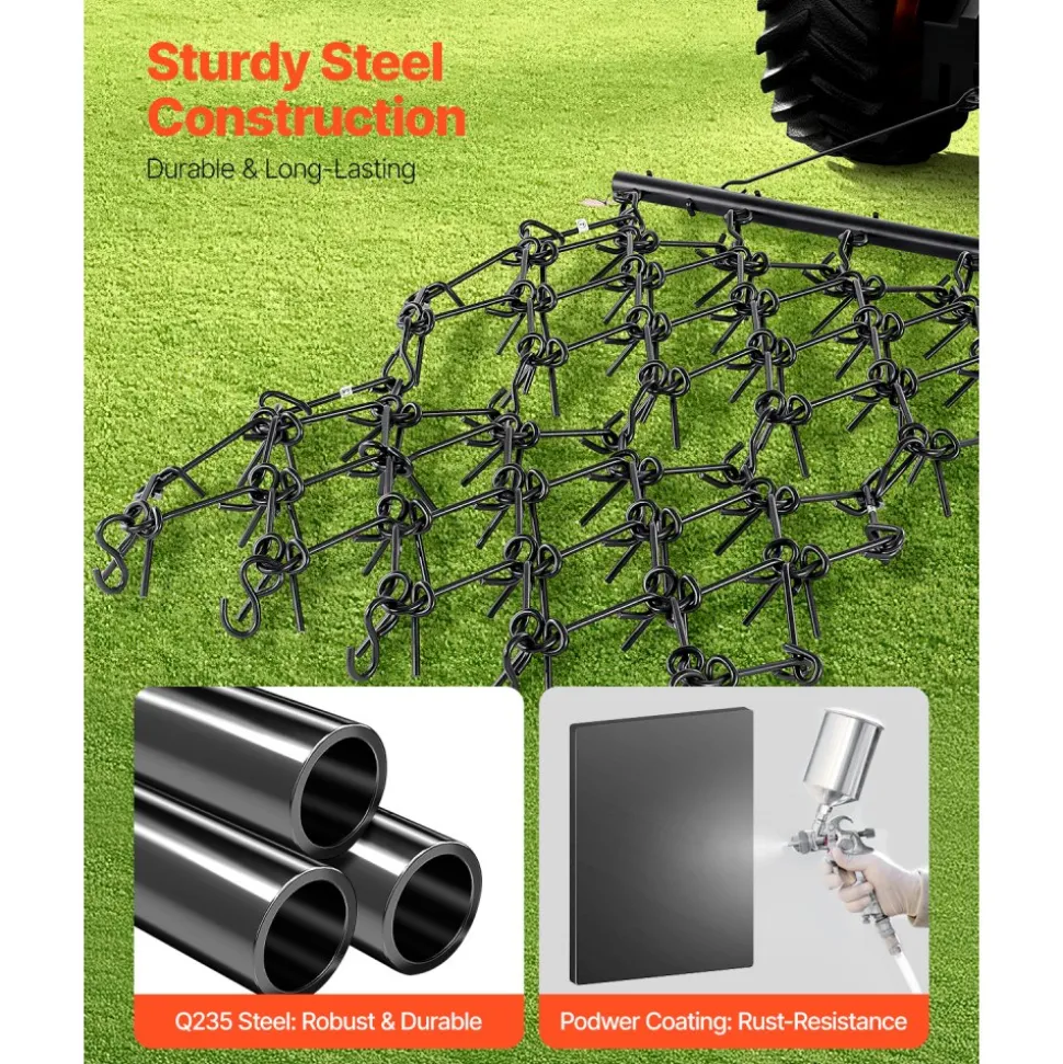 VEVOR Drag Harrow, 4 x 4 ft Durable Chain Harrow with 69 Sharp Teeth, Suitable for ATV UTV Tractor, Ideal for Soil Preparation, Seeding, Smoothing Landscapes, and Yard Gravel Driveway Maintenance