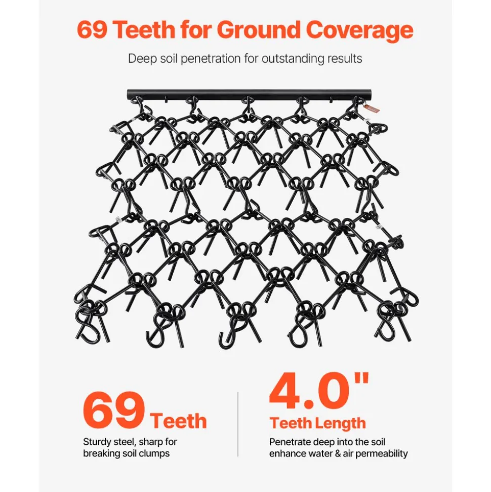VEVOR Drag Harrow, 4 x 4 ft Durable Chain Harrow with 69 Sharp Teeth, Suitable for ATV UTV Tractor, Ideal for Soil Preparation, Seeding, Smoothing Landscapes, and Yard Gravel Driveway Maintenance