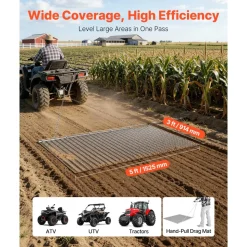 VEVOR Drag Harrow, 5 x 3 ft, High-Efficiency Chain Harrow Rake, ATVs UTVs Tractors Attachments, Durable Galvanized Steel Mesh Drag Mat with Towing Chain, for Gravel Driveway Ruts Farm Field Leveling