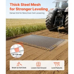 VEVOR Drag Harrow, 5 x 3 ft, High-Efficiency Chain Harrow Rake, ATVs UTVs Tractors Attachments, Durable Galvanized Steel Mesh Drag Mat with Towing Chain, for Gravel Driveway Ruts Farm Field Leveling