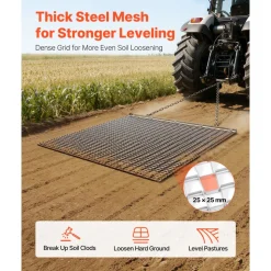 VEVOR Drag Harrow, 4 x 4 ft, High-Efficiency Chain Harrow Rake, ATVs UTVs Tractors Attachments, Durable Galvanized Steel Mesh Drag Mat with Towing Chain, for Gravel Driveway Ruts Farm Field Leveling
