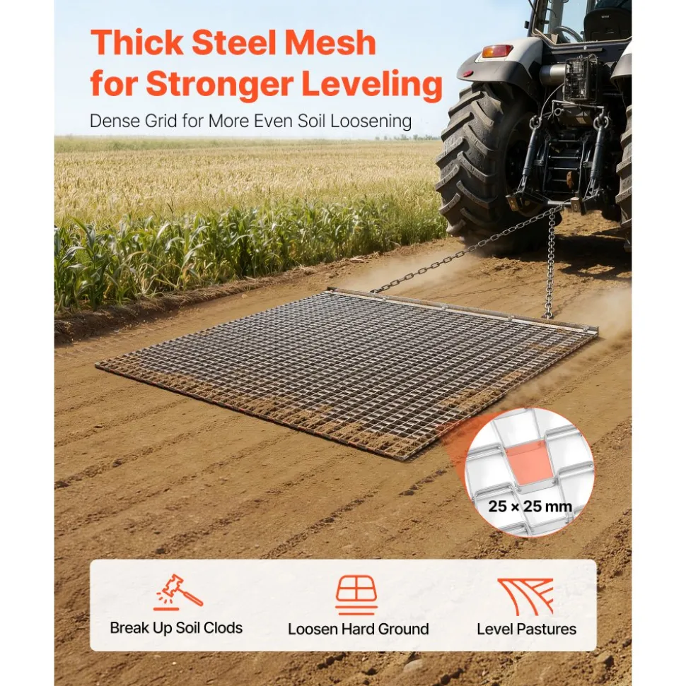 VEVOR Drag Harrow, 4 x 4 ft, High-Efficiency Chain Harrow Rake, ATVs UTVs Tractors Attachments, Durable Galvanized Steel Mesh Drag Mat with Towing Chain, for Gravel Driveway Ruts Farm Field Leveling
