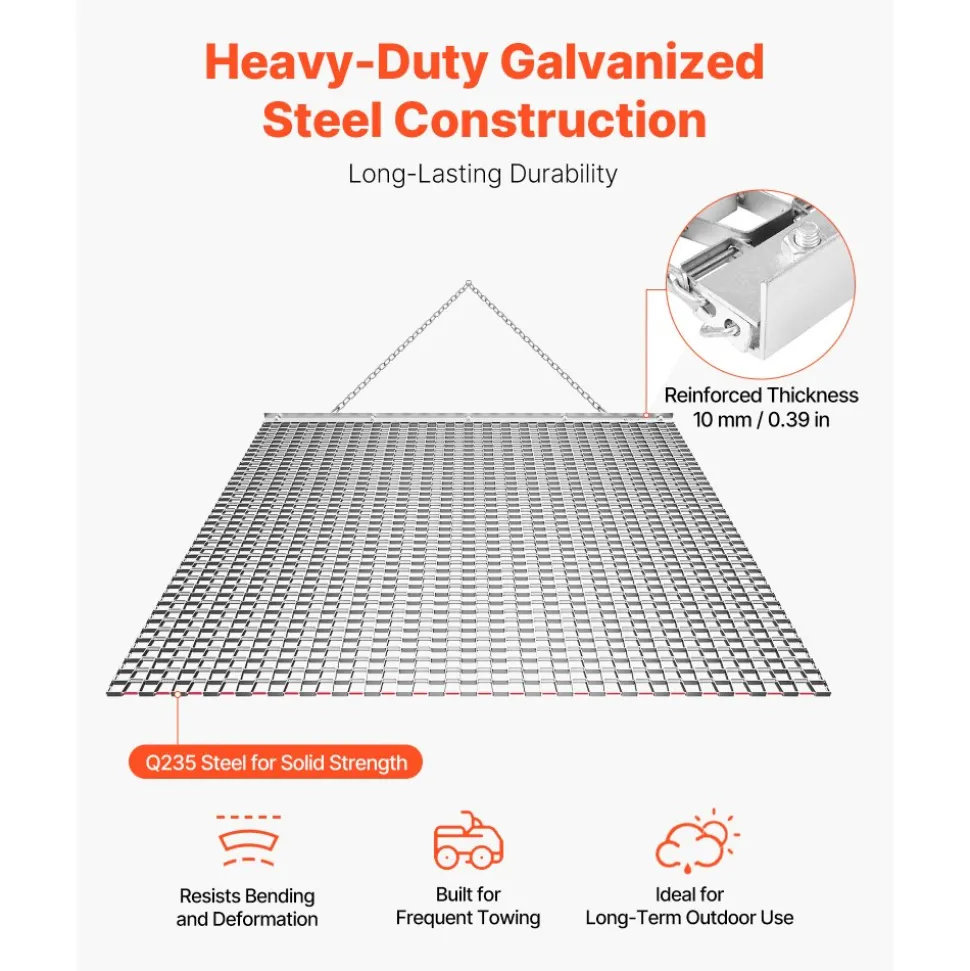 VEVOR Drag Harrow, 4 x 4 ft, High-Efficiency Chain Harrow Rake, ATVs UTVs Tractors Attachments, Durable Galvanized Steel Mesh Drag Mat with Towing Chain, for Gravel Driveway Ruts Farm Field Leveling