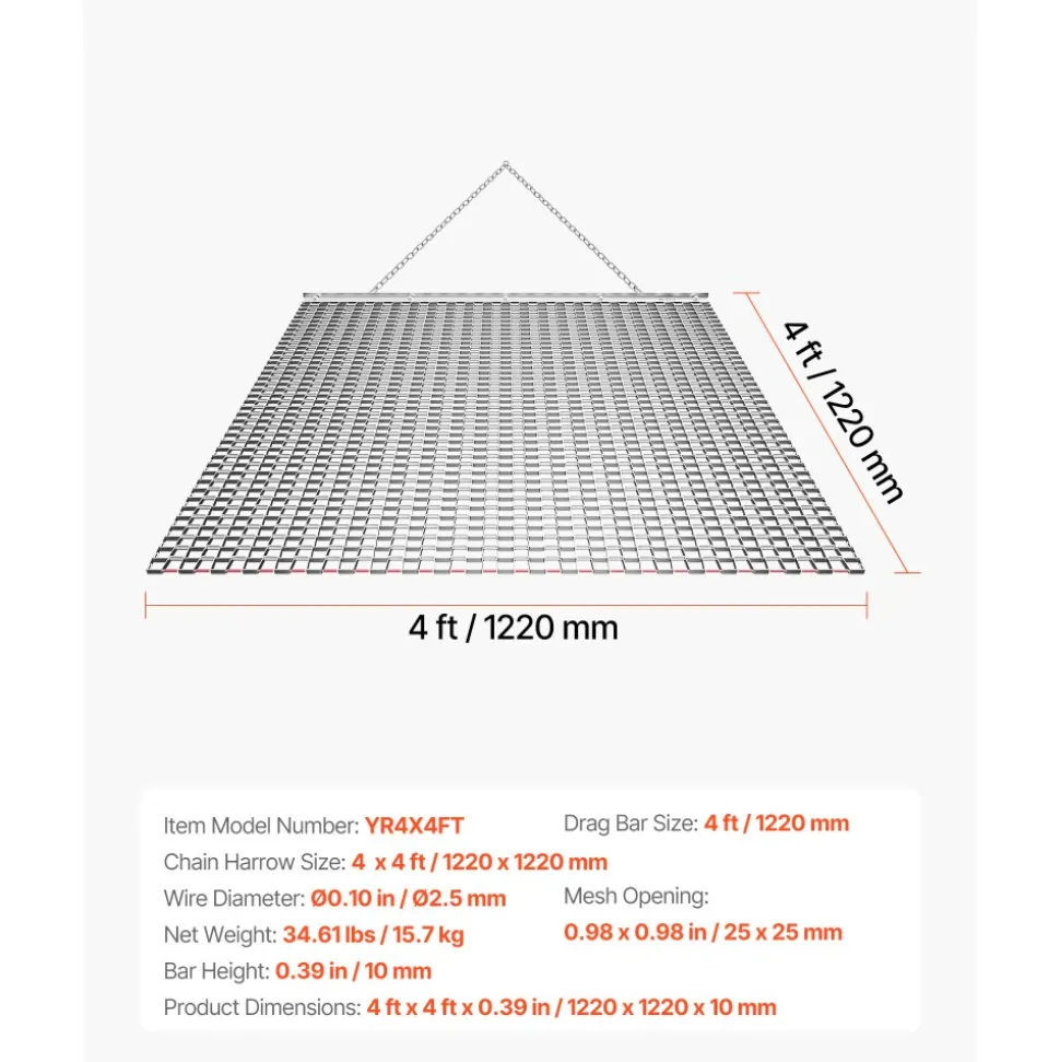 VEVOR Drag Harrow, 4 x 4 ft, High-Efficiency Chain Harrow Rake, ATVs UTVs Tractors Attachments, Durable Galvanized Steel Mesh Drag Mat with Towing Chain, for Gravel Driveway Ruts Farm Field Leveling