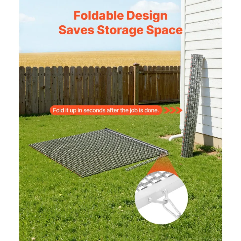 VEVOR Drag Harrow, 4 x 4 ft, High-Efficiency Chain Harrow Rake, ATVs UTVs Tractors Attachments, Durable Galvanized Steel Mesh Drag Mat with Towing Chain, for Gravel Driveway Ruts Farm Field Leveling