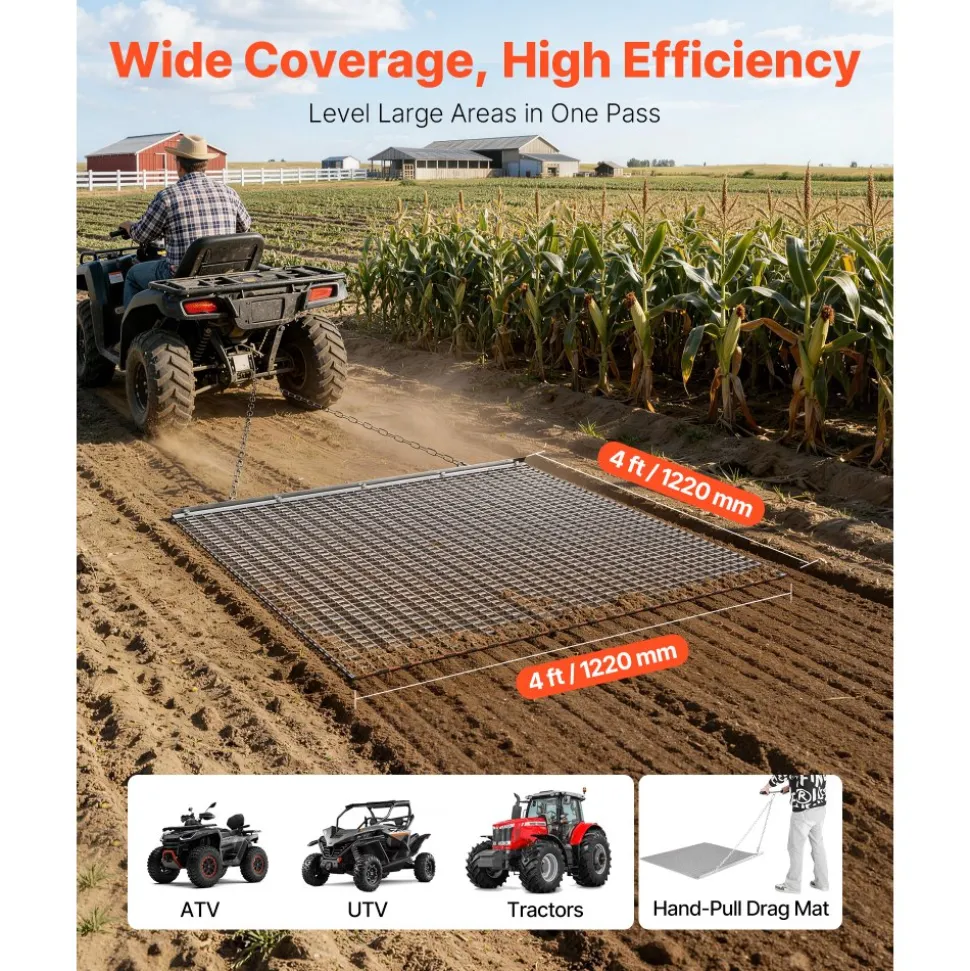 VEVOR Drag Harrow, 4 x 4 ft, High-Efficiency Chain Harrow Rake, ATVs UTVs Tractors Attachments, Durable Galvanized Steel Mesh Drag Mat with Towing Chain, for Gravel Driveway Ruts Farm Field Leveling
