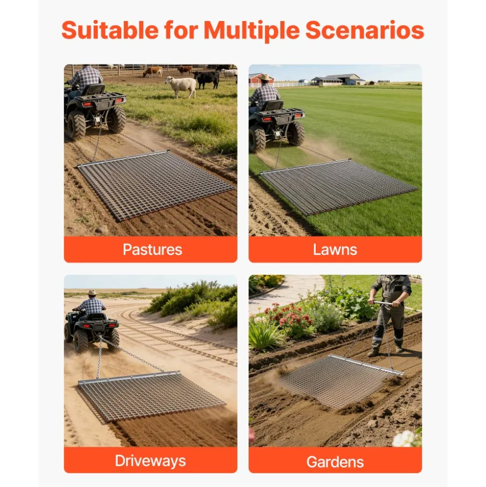 VEVOR Drag Harrow, 4 x 4 ft, High-Efficiency Chain Harrow Rake, ATVs UTVs Tractors Attachments, Durable Galvanized Steel Mesh Drag Mat with Towing Chain, for Gravel Driveway Ruts Farm Field Leveling