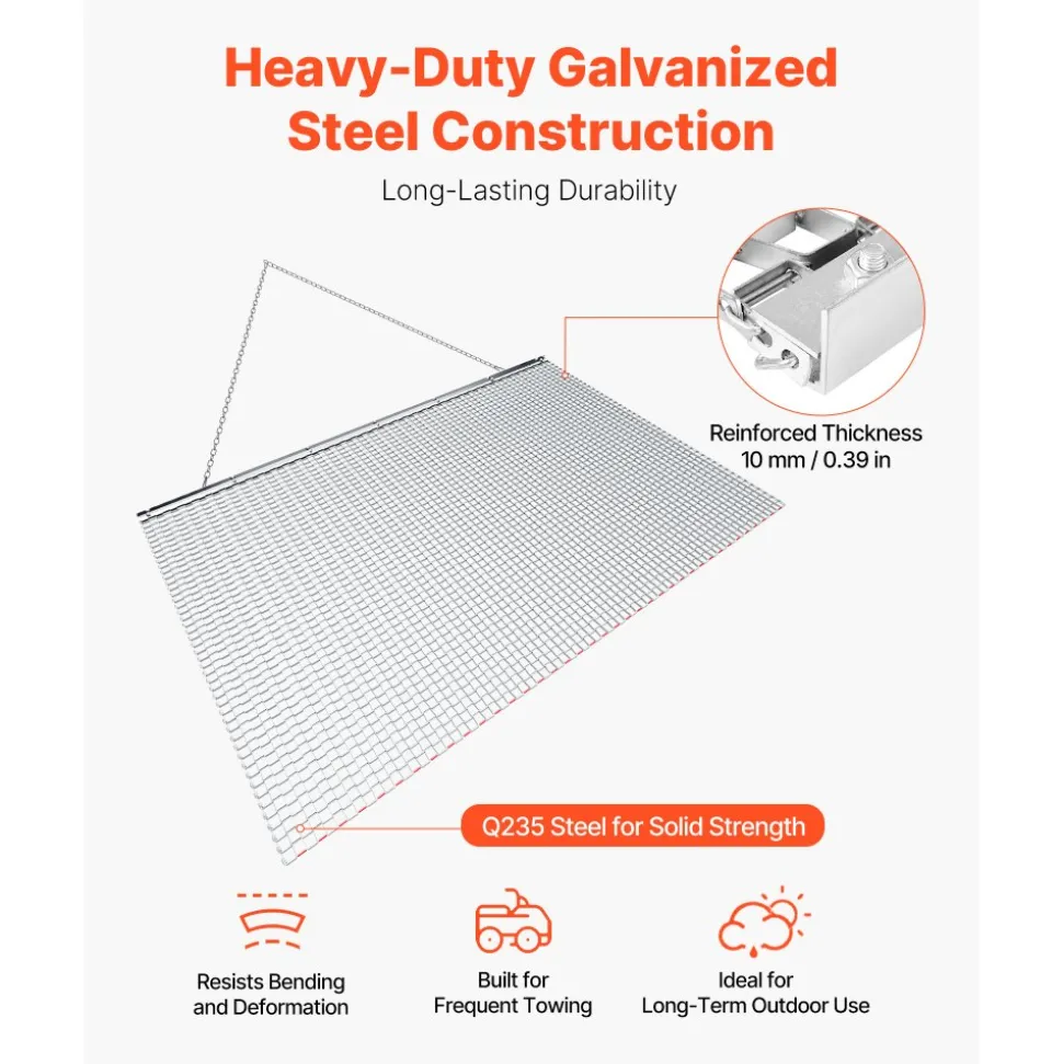 VEVOR Drag Harrow, 6.6 x 4 ft, High-Efficiency Chain Harrow Rake, ATVs UTVs Tractors Attachments, Durable Galvanized Steel Mesh Drag Mat with Towing Chain, for Gravel Driveway Ruts Farm Field Leveling