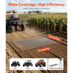 VEVOR Drag Harrow, 6 x 3 ft, High-Efficiency Chain Harrow Rake, ATVs UTVs Tractors Attachments, Durable Galvanized Steel Mesh Drag Mat with Towing Chain, for Gravel Driveway Ruts Farm Field Leveling