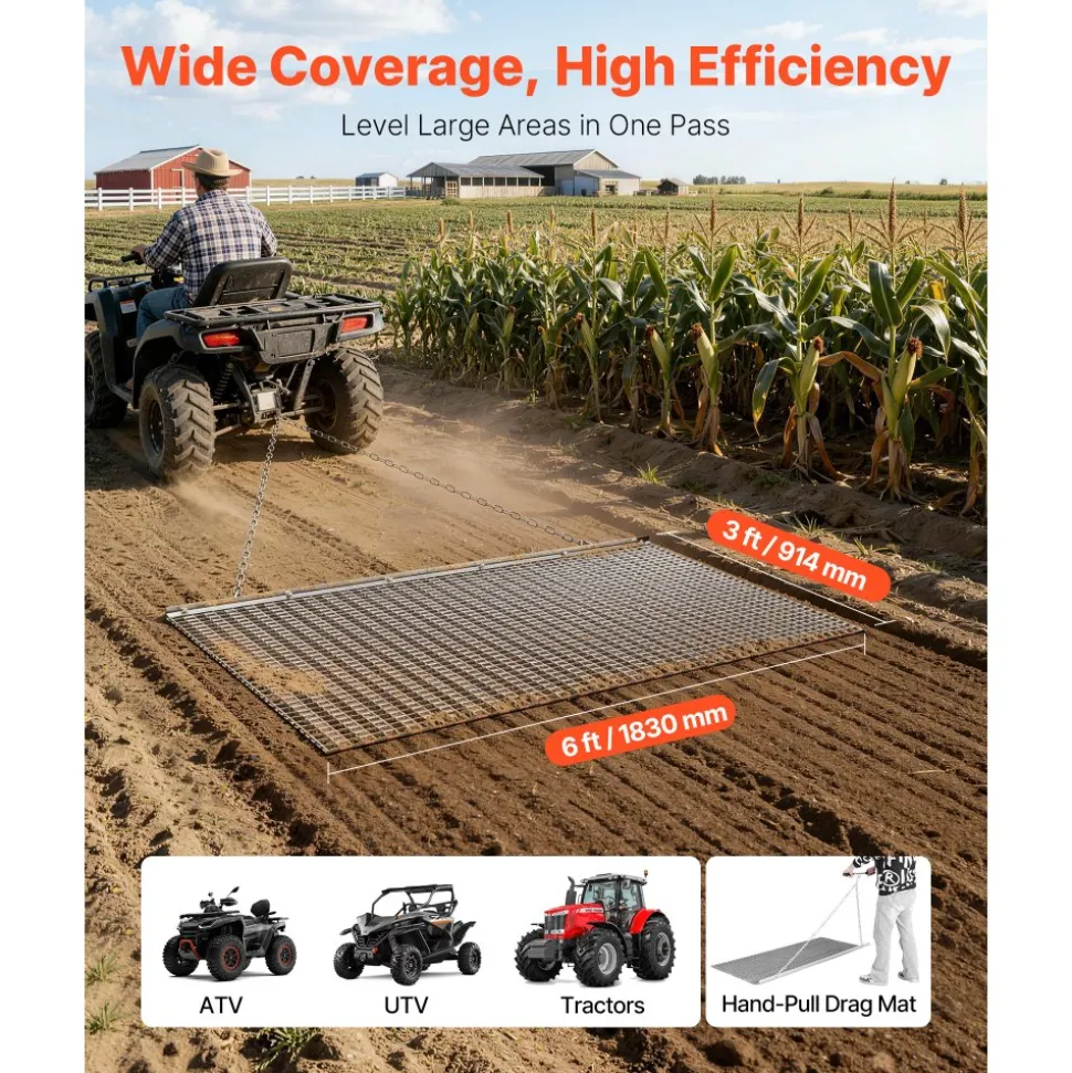 VEVOR Drag Harrow, 6 x 3 ft, High-Efficiency Chain Harrow Rake, ATVs UTVs Tractors Attachments, Durable Galvanized Steel Mesh Drag Mat with Towing Chain, for Gravel Driveway Ruts Farm Field Leveling