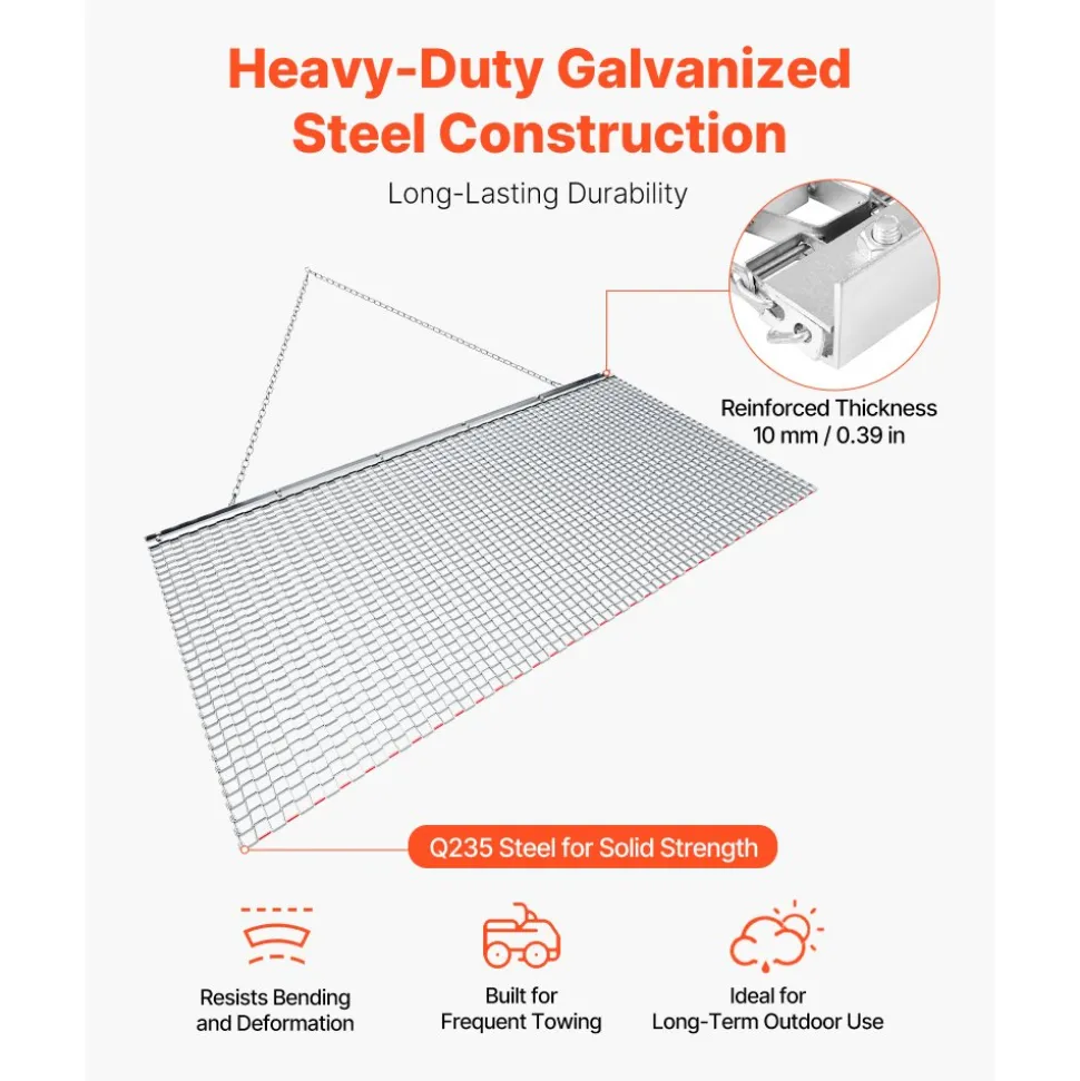 VEVOR Drag Harrow, 6 x 3 ft, High-Efficiency Chain Harrow Rake, ATVs UTVs Tractors Attachments, Durable Galvanized Steel Mesh Drag Mat with Towing Chain, for Gravel Driveway Ruts Farm Field Leveling