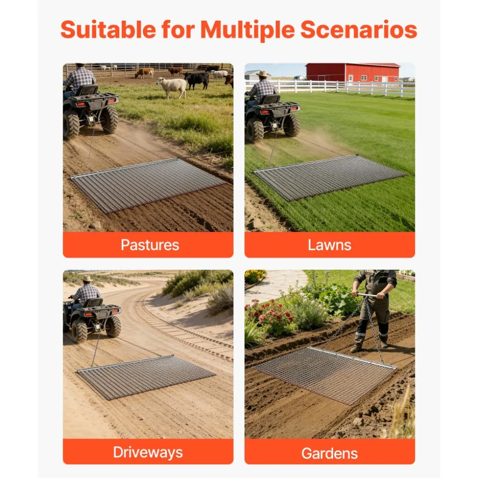 VEVOR Drag Harrow, 6 x 3 ft, High-Efficiency Chain Harrow Rake, ATVs UTVs Tractors Attachments, Durable Galvanized Steel Mesh Drag Mat with Towing Chain, for Gravel Driveway Ruts Farm Field Leveling