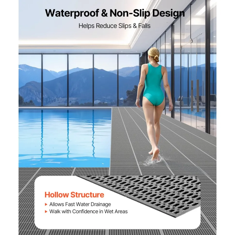 VEVOR Drainage Mat, 3 x 50 ft, PVC Non Slip Commercial Floor Mat, Wet Area Water Drain Splash Matting Hollow Doormat Roll, for Outdoor Indoor Restaurant Swimming Pool Patio Bathroom Washroom, Black