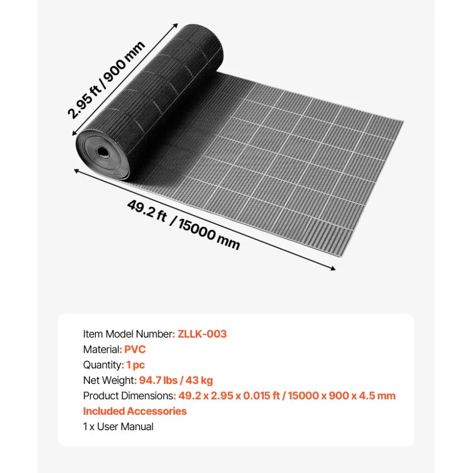 VEVOR Drainage Mat, 3 x 50 ft, PVC Non Slip Commercial Floor Mat, Wet Area Water Drain Splash Matting Hollow Doormat Roll, for Outdoor Indoor Restaurant Swimming Pool Patio Bathroom Washroom, Black