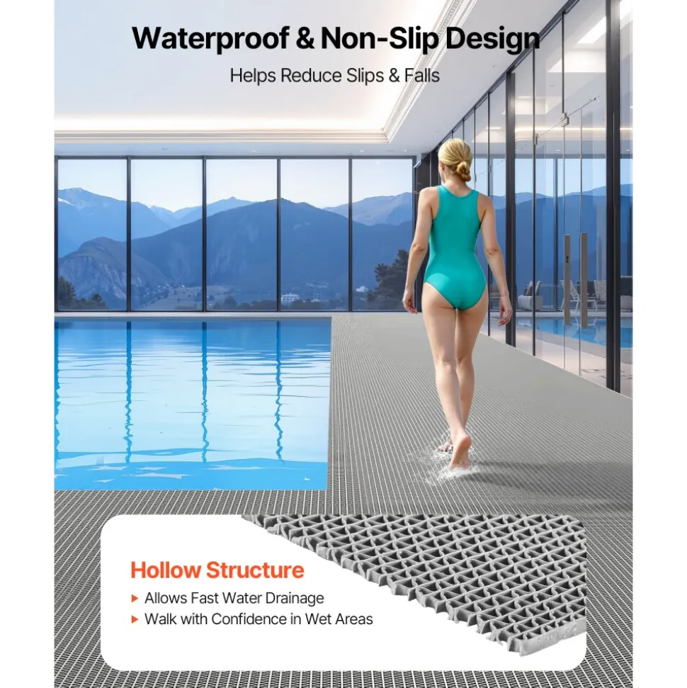 VEVOR Drainage Mat, 3 x 16.4 ft, PVC Non Slip Commercial Floor Mat, Wet Area Water Drain Splash Matting Hollow Doormat Roll, for Outdoor Indoor Restaurant Swimming Pool Patio Bathroom Washroom, Gray