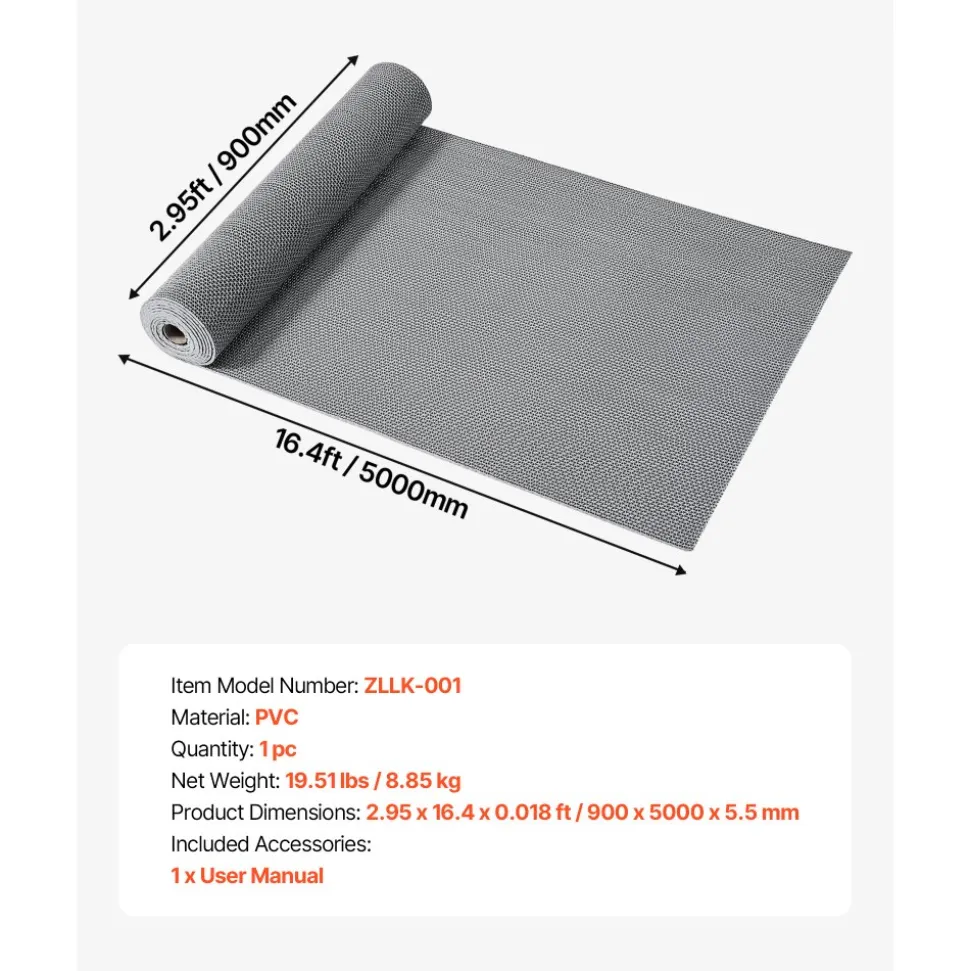 VEVOR Drainage Mat, 3 x 16.4 ft, PVC Non Slip Commercial Floor Mat, Wet Area Water Drain Splash Matting Hollow Doormat Roll, for Outdoor Indoor Restaurant Swimming Pool Patio Bathroom Washroom, Gray